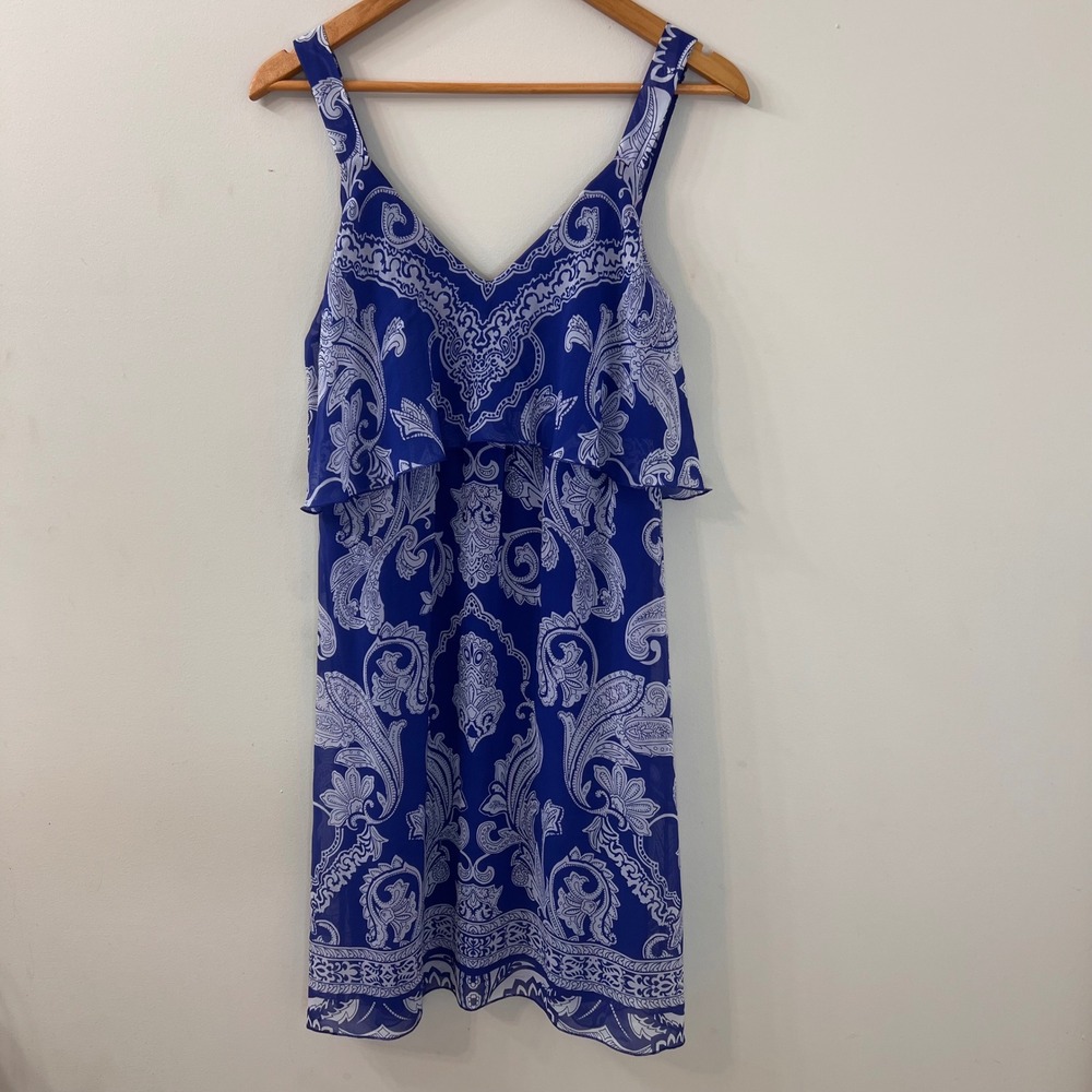Soma Blue White Paisley Ruffle Overlay V-Neck Dress Medium Boho Stretch Flowy